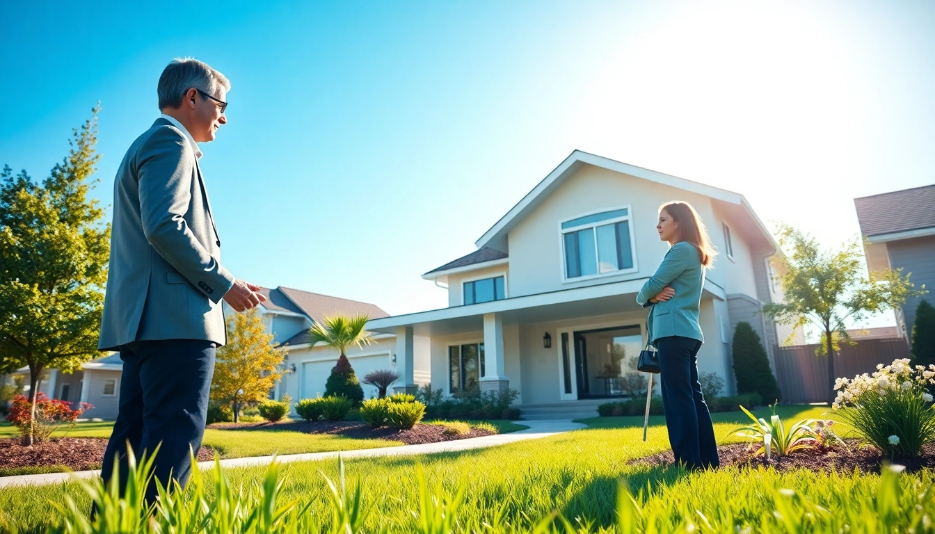 Engaging real estate agent showcasing modern homes to potential buyers in a beautiful neighborhood.