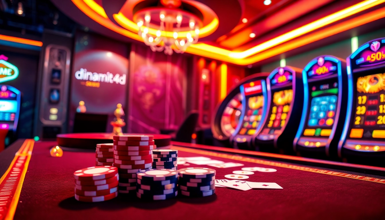Experience the thrill with dinamit4d at a modern casino table, featuring poker chips and cards.