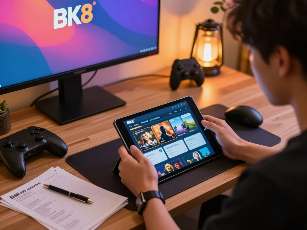 Engaged player using the BK8 app for mobile gaming with vibrant ambiance and accessories