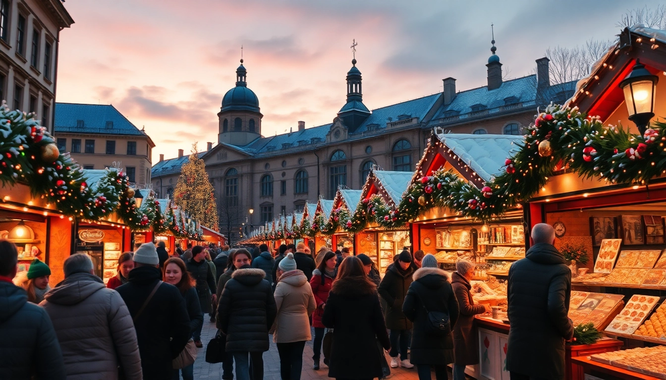 Travel destinations showcase vibrant winter market in Stockholm with festive lights and diverse crowds.