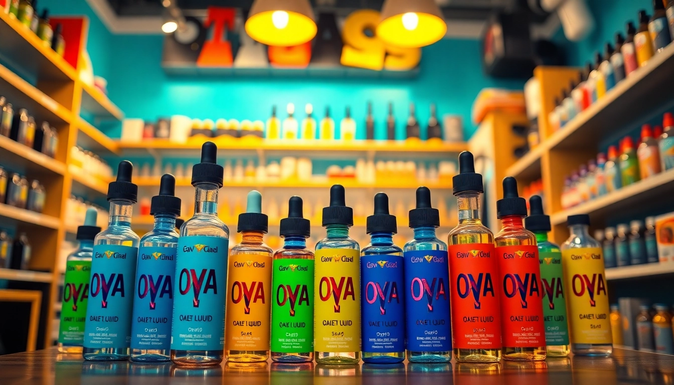 Oxva Liquid in colorful vape shop display with vibrant bottles.