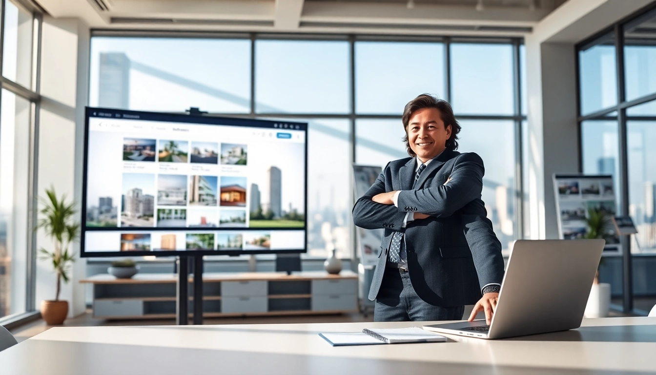 Showcasing Real Estate listings with agent in a bright, modern office.