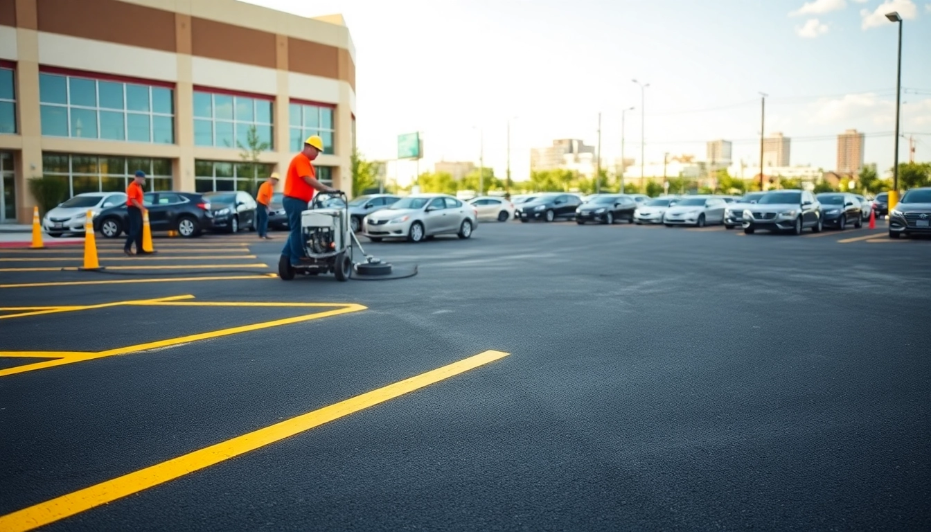 Enhancing Commercial parking lot striping Jackson MS with precise line applications in a vibrant urban setting.