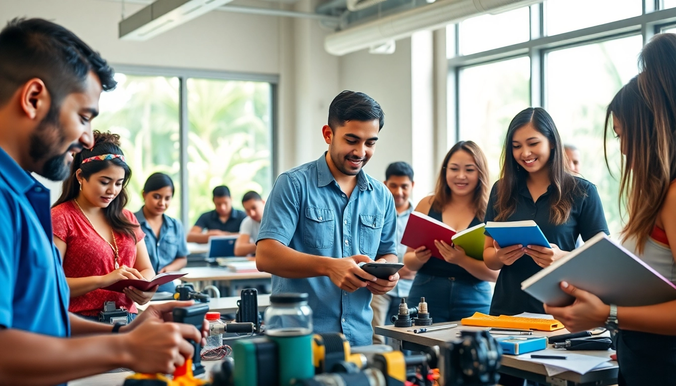 Students learning in a trade school Hawaii classroom with vibrant energy and hands-on training.