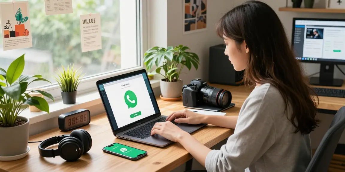 Seated professional woman downloading WhatsApp下載 on laptop in a bright workspace filled with tech accessories.