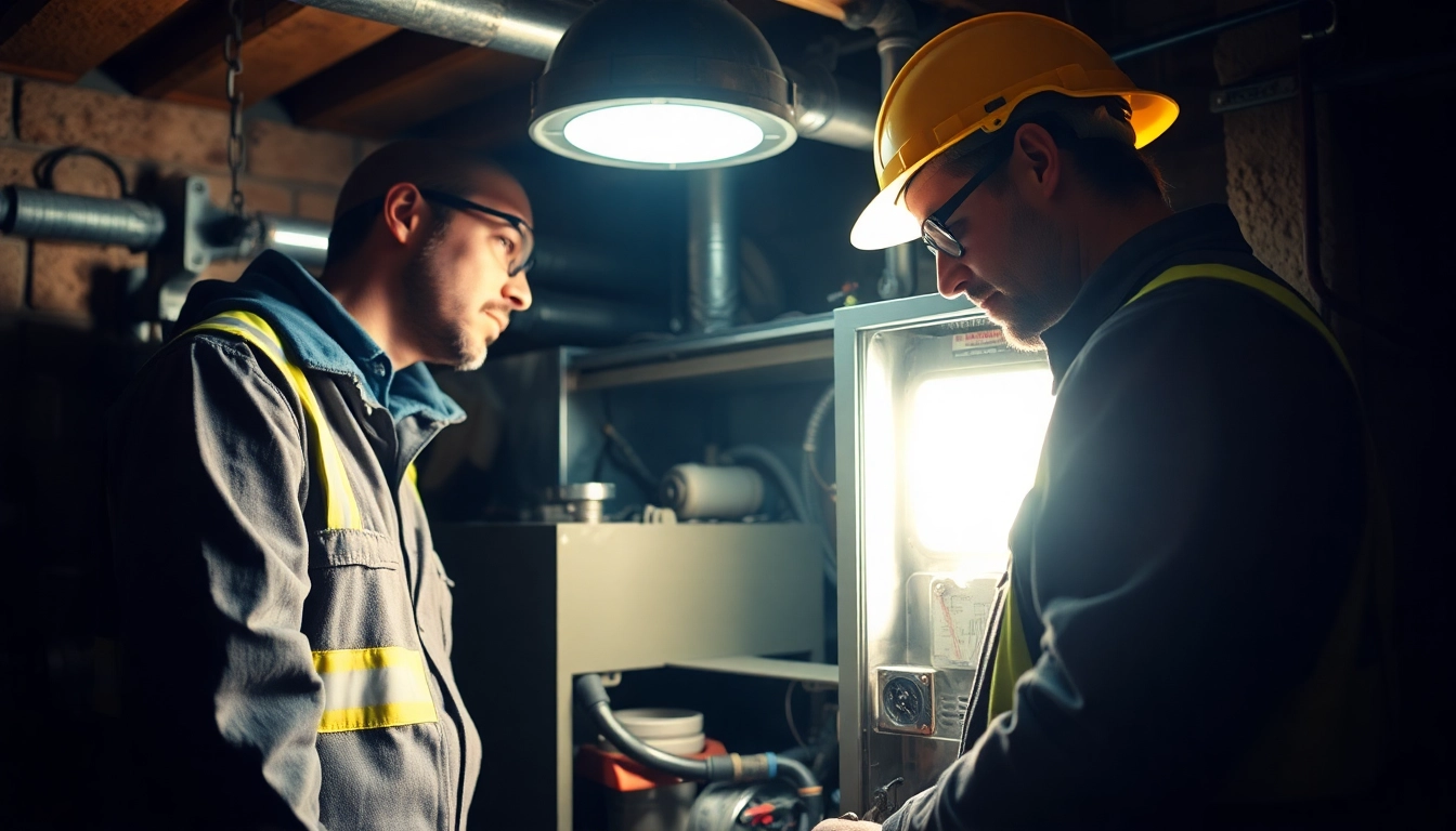 Technician performing furnace repair pound ridge with safety gear in a well-lit basement.