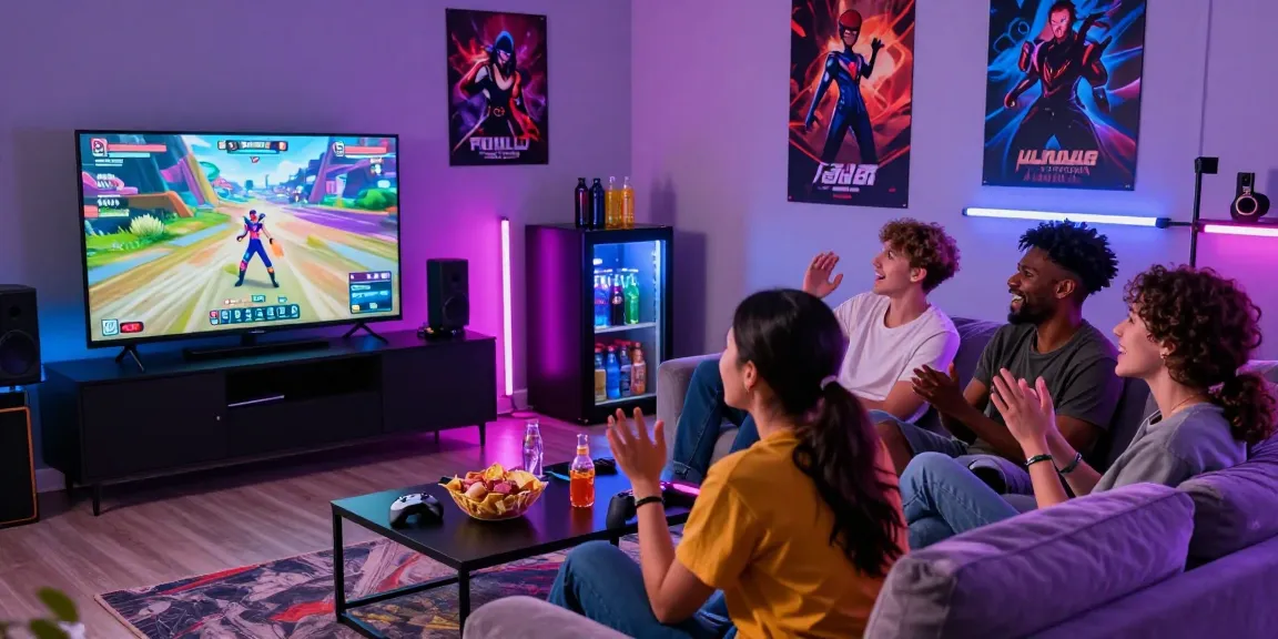 Friends enjoying a lively gaming session featuring a diverse group joyfully engaged in a hentai game.