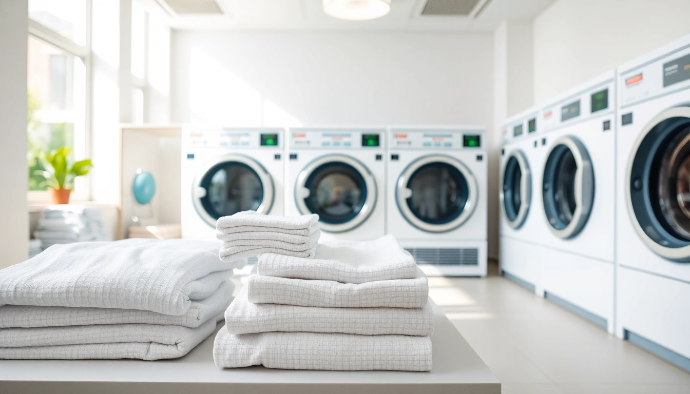 Laundry service near me featuring a modern laundromat with fresh linens awaiting cleaning.
