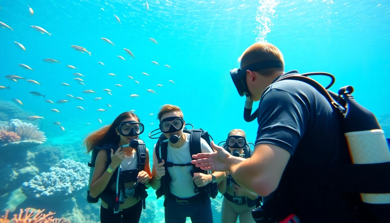 Tauchen Lernen mit einem Tauchlehrer im türkisfarbenen Ozean, umgeben von Korallenriffen und Fischen.