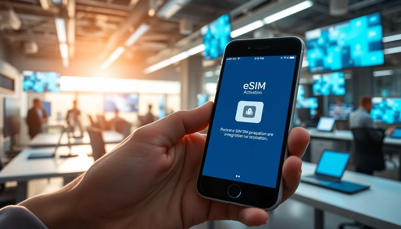 Activating an eSIM on a smartphone at https://esimfo.com in a modern tech environment.