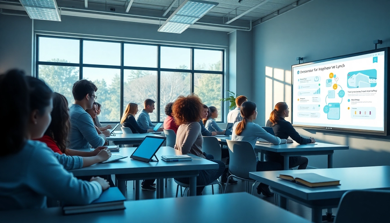 Education-focused diverse classroom with students using technology collaboratively.