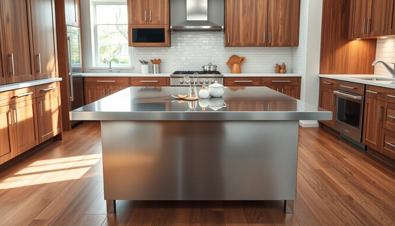 Cook comfortably at a stainless steel table with a sleek design and inviting kitchen setting.