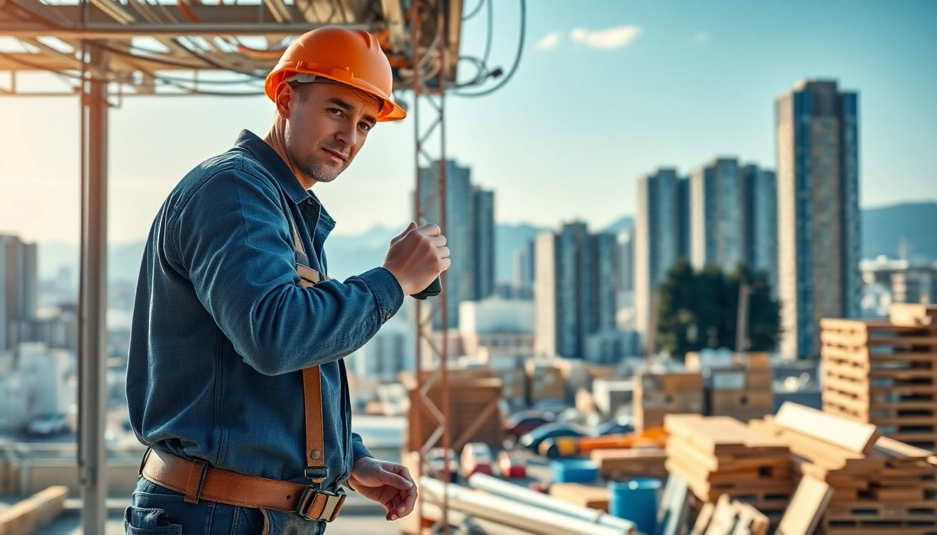 Commercial electrician in Vancouver installing electrical systems at a busy construction site.