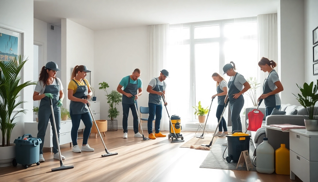 An expert städfirma stockholm team efficiently cleaning a bright, modern apartment.