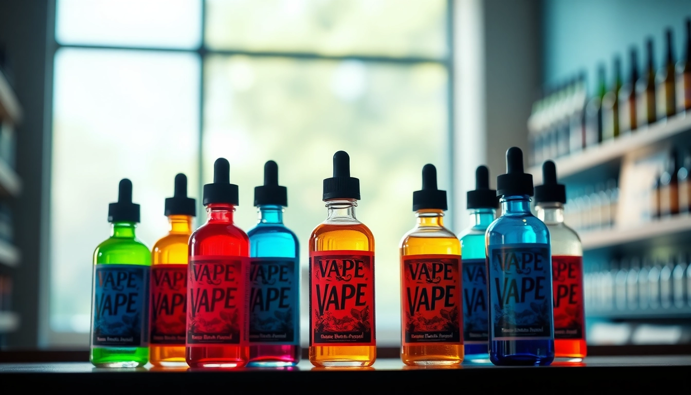 Discover vibrant vape juice selections in a modern display, showcasing colorful bottles.