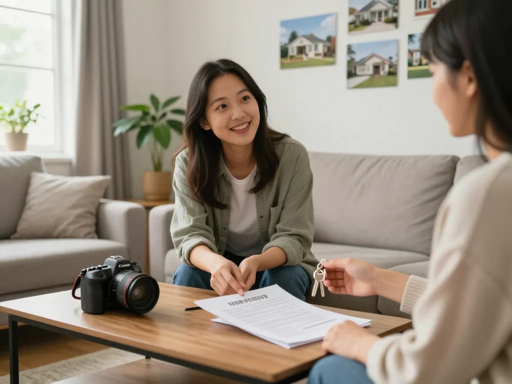 Homeowner discussing we buy houses options with friendly buyer in cozy living room.