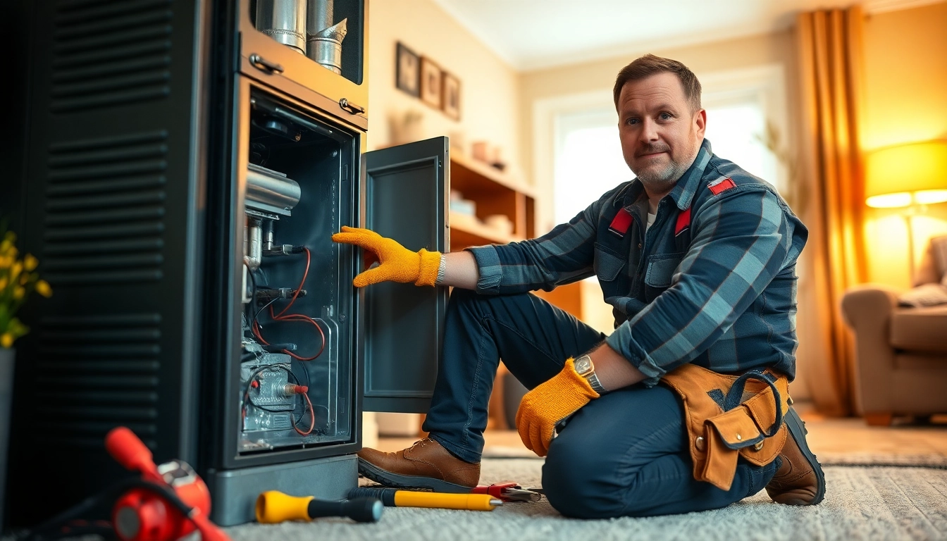 Emergency heating repair technician working diligently to restore warmth in a home.