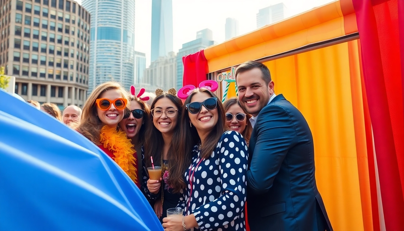 Guests enjoying a photo booth chicago experience with vibrant props and city skyline.