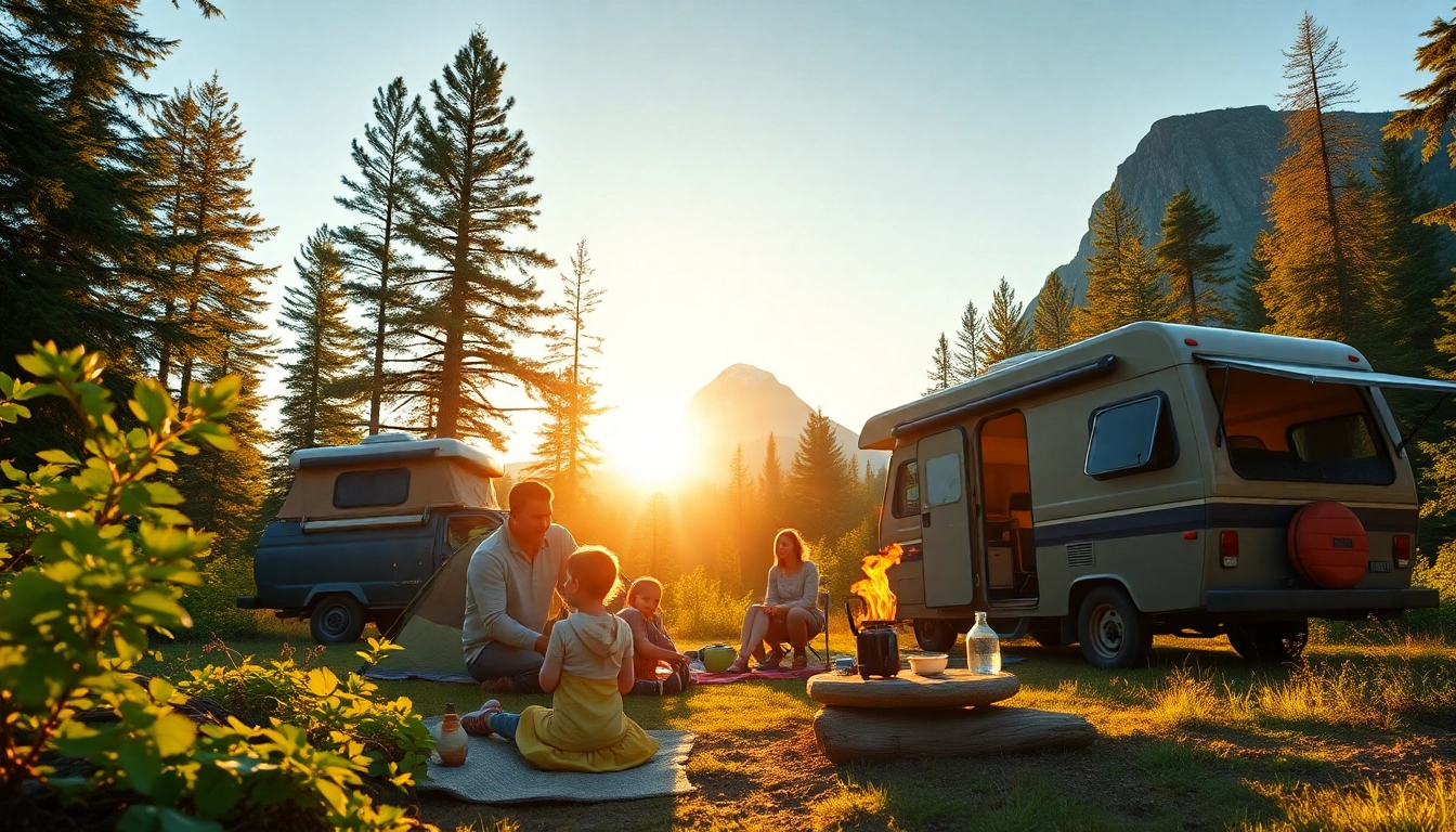 Family enjoying an adventure at https://fernweh-abenteuer.de, camping amidst vibrant nature and a DIY camper.