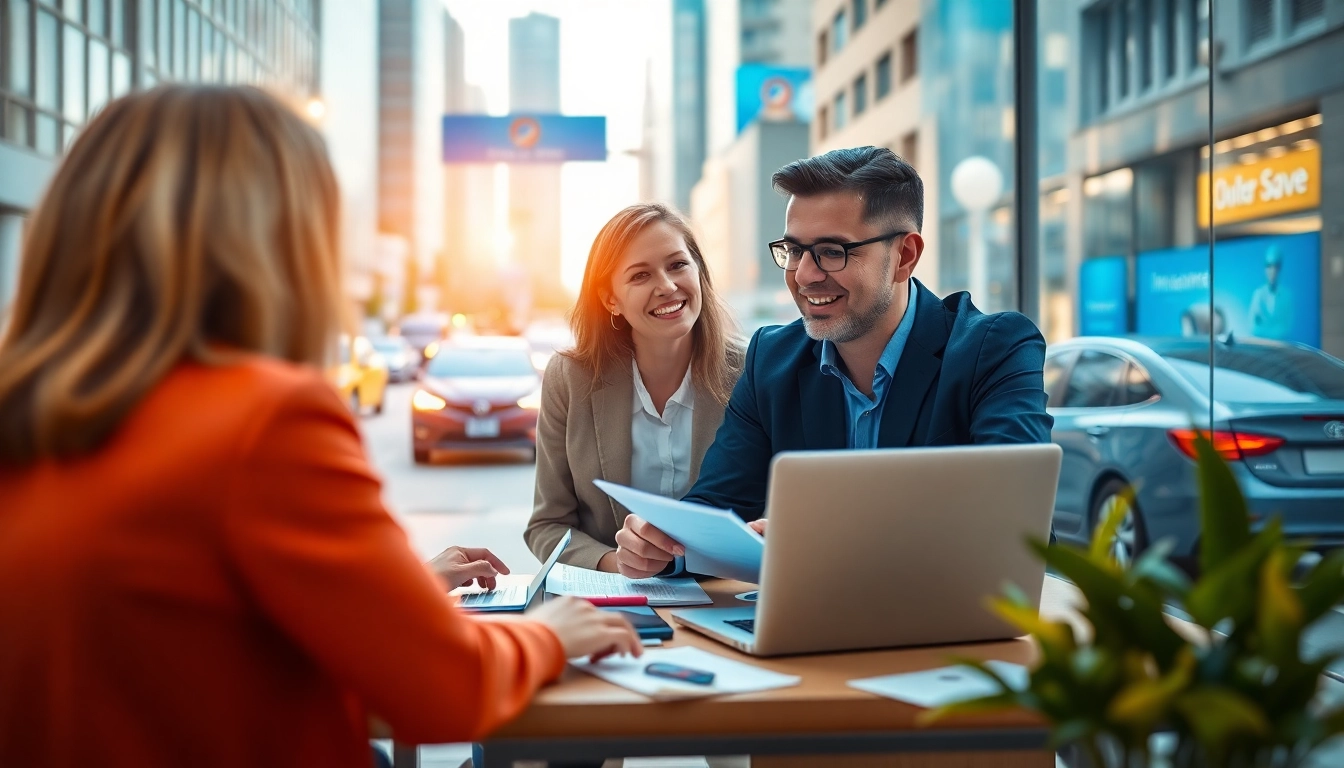Assurervoitureenligne.fr présente un professionnel de l'assurance automobile consultant un client heureux dans un bureau moderne.