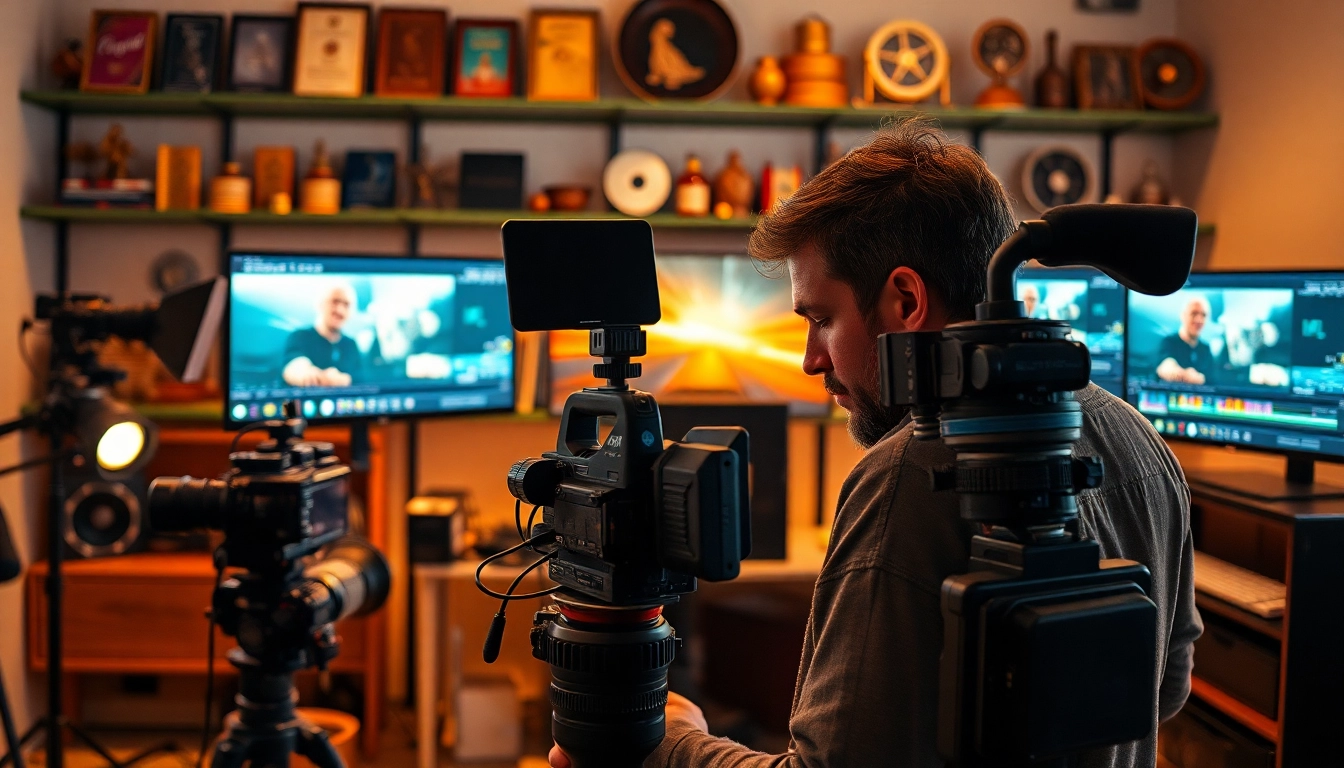 A talented film maker engaged in creative editing within a vibrant studio.