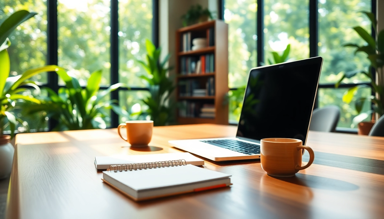 werkplek met laptop en notitieblok van https://www.stofnodig.nl, omgeven door groen en natuurlijk licht