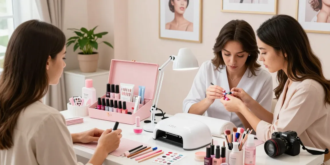 Procesul de manichiură care prezintă un kit manichiură acasă cu un lac de unghii vibrant în unui salon de înfrumusețare bine luminat.