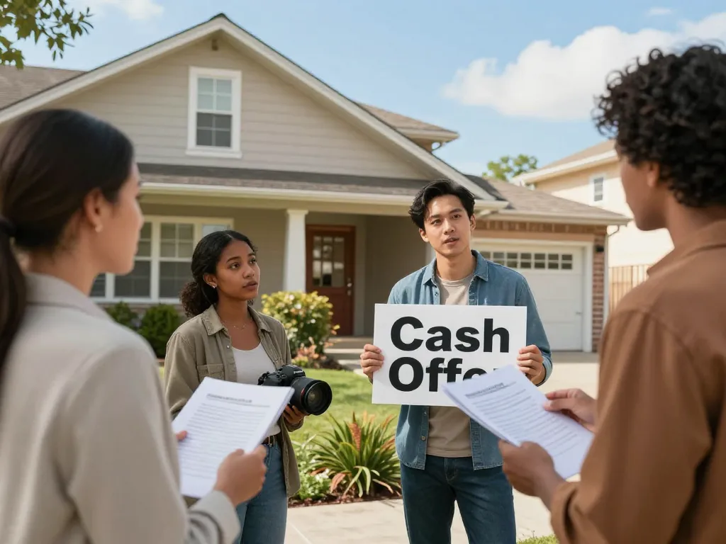 Selling a house without repairs, showcasing diverse individuals discussing cash offers in front of a home.