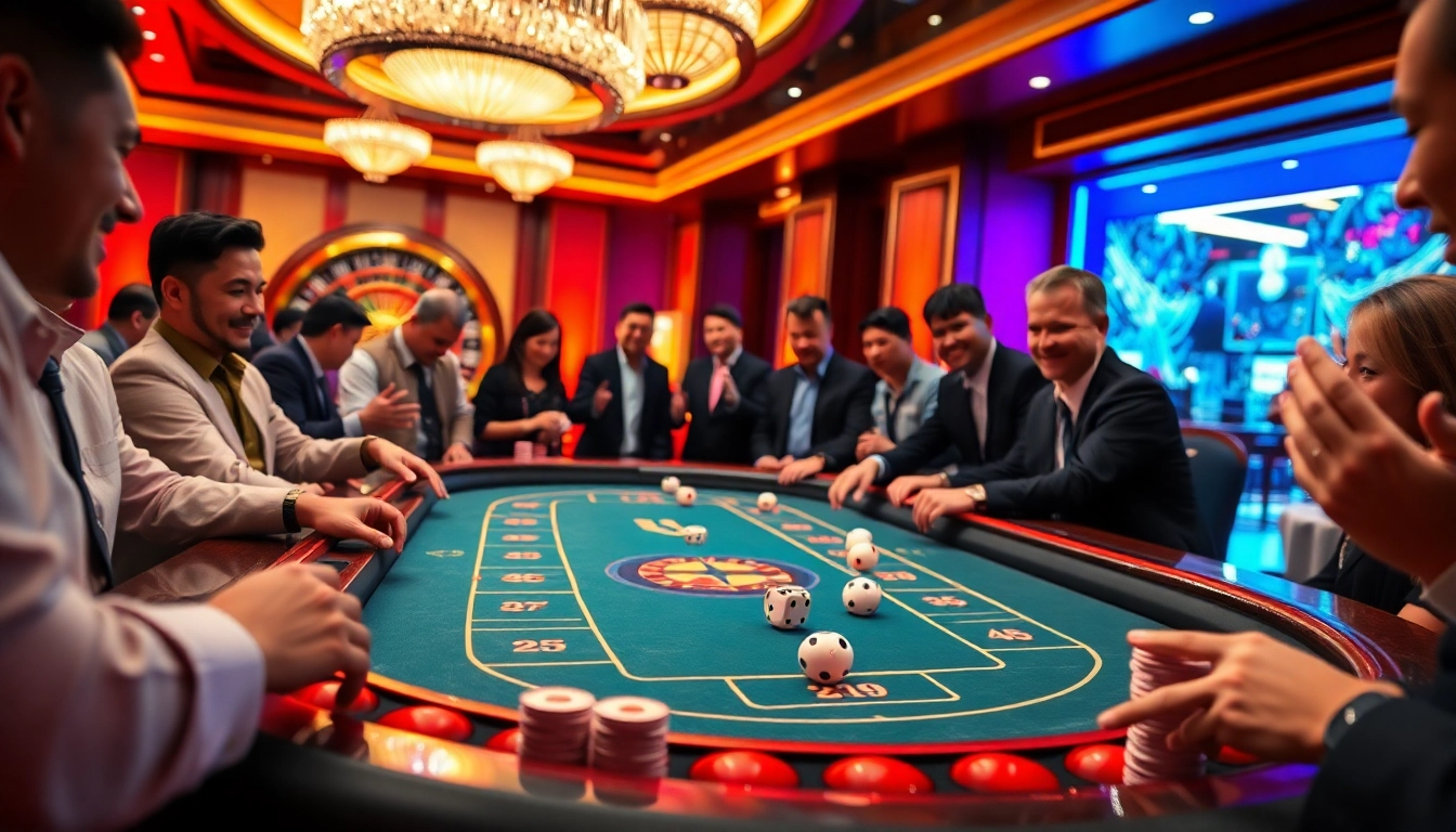 Engaging players at a Tài xỉu md5 table, highlighting thrilling moments in a vibrant casino atmosphere.