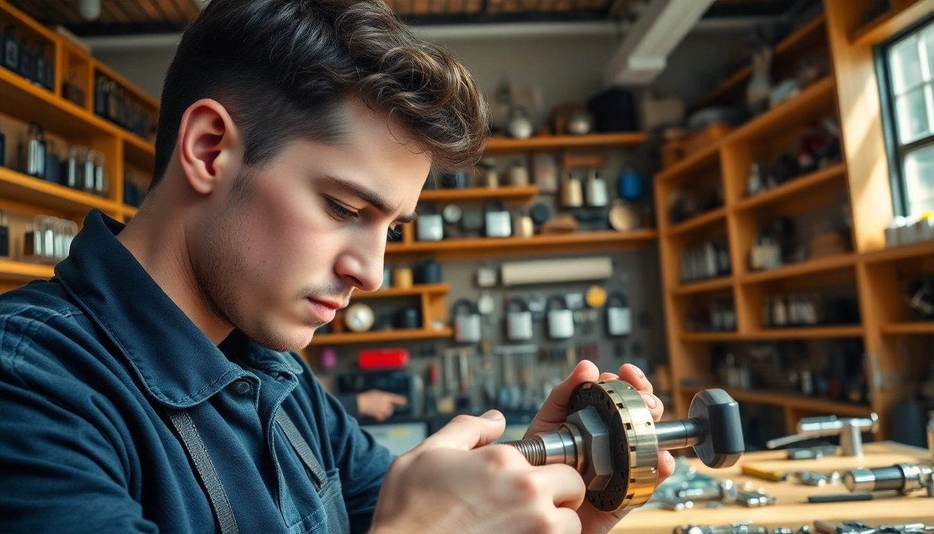 locksmiths Durham providing expert lock services with precision in a vibrant workshop.