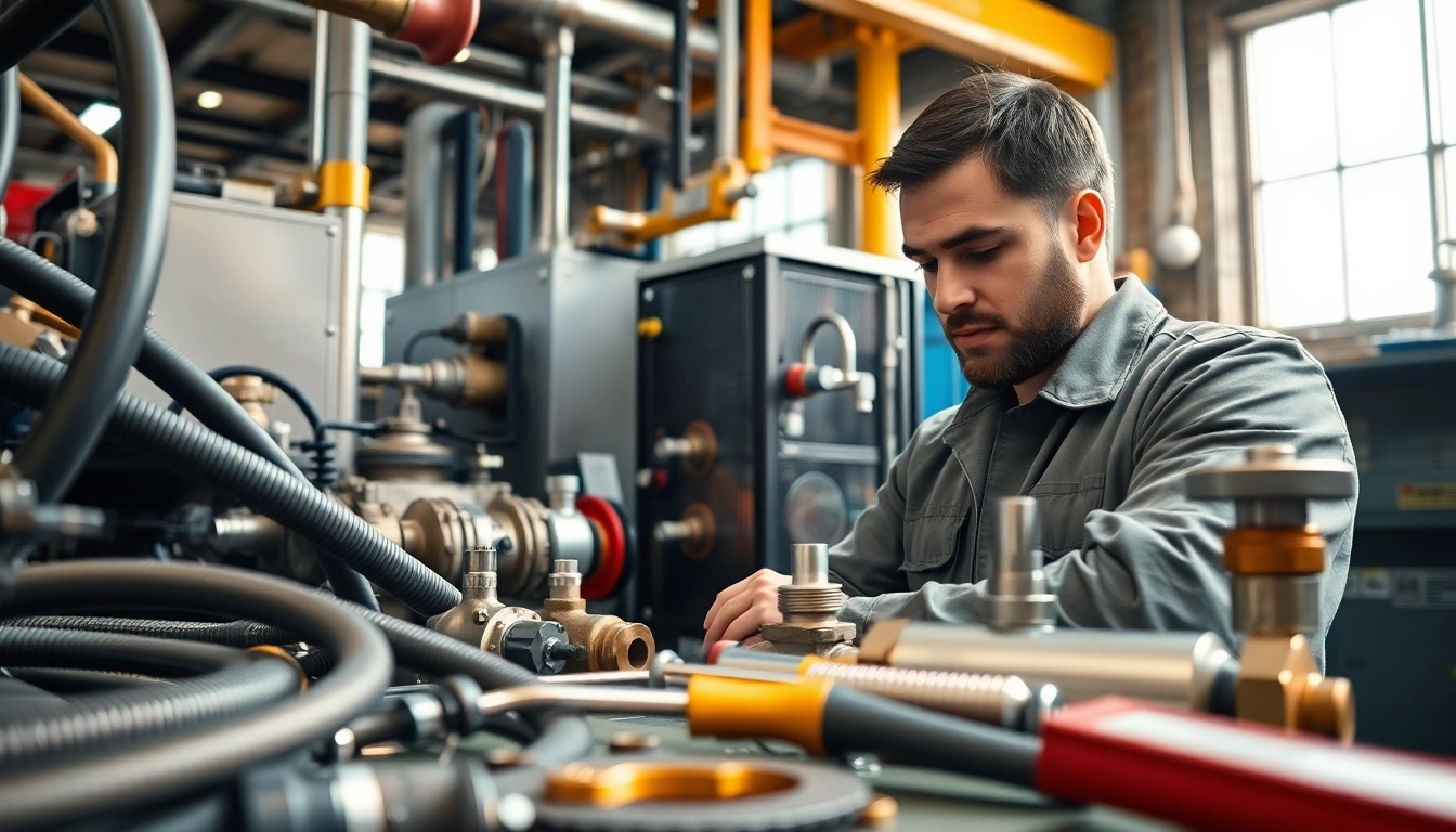 Performing hydraulic system maintenance in a professional workshop setting.
