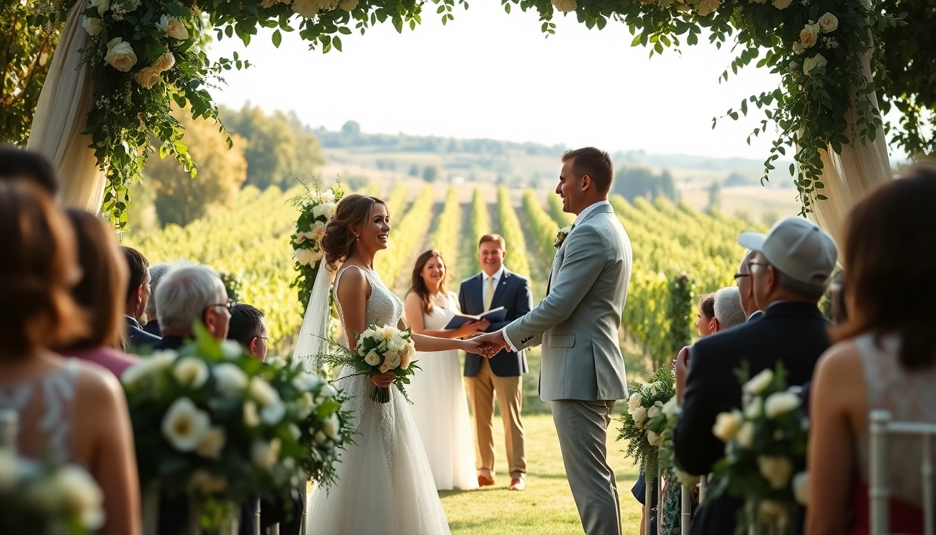 Candid moment of Clarksburg wedding highlighting a couple exchanging vows amidst vineyard elegance.