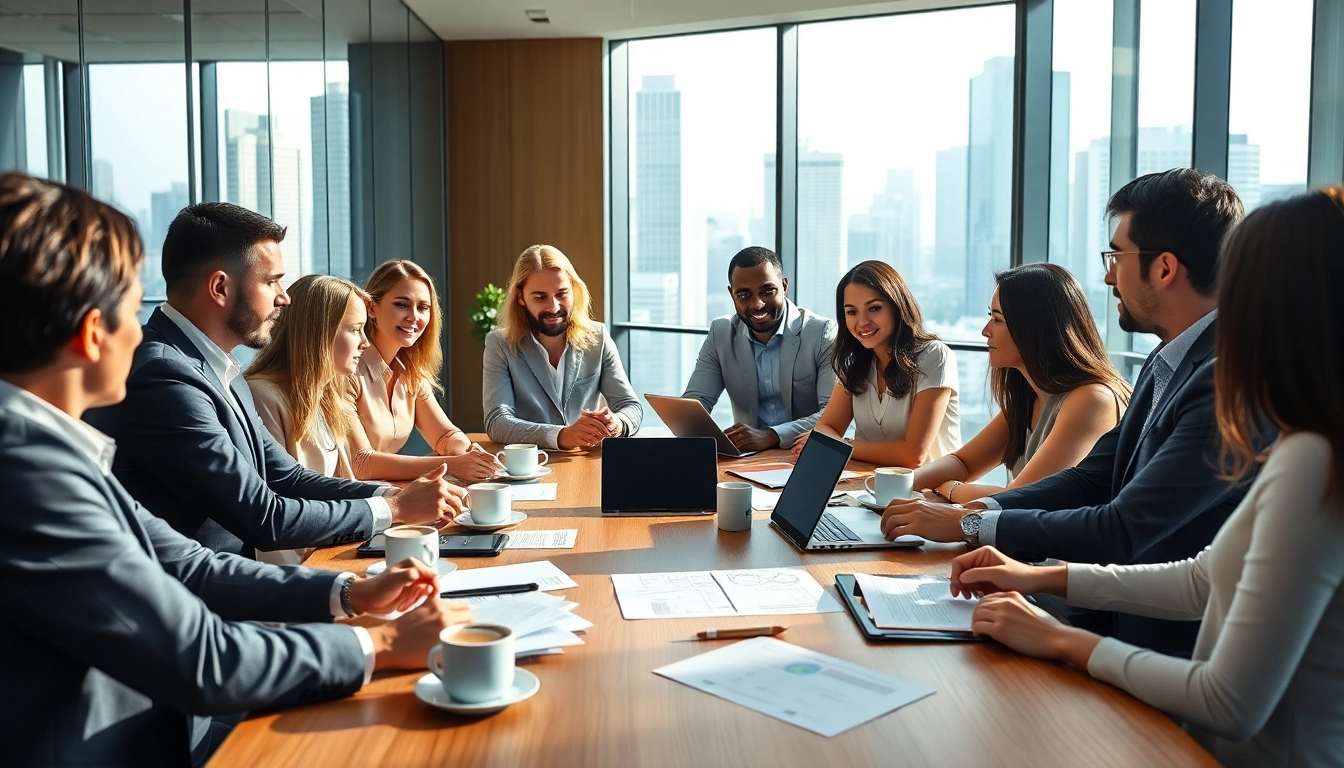 Engage in business collaboration during a meeting with diverse professionals.