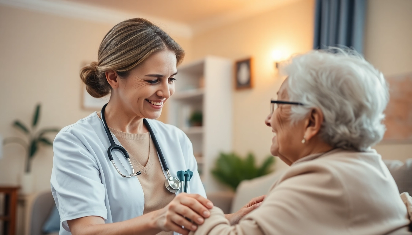 Engaging professional in home health care services near me aiding a senior in a cozy setting.