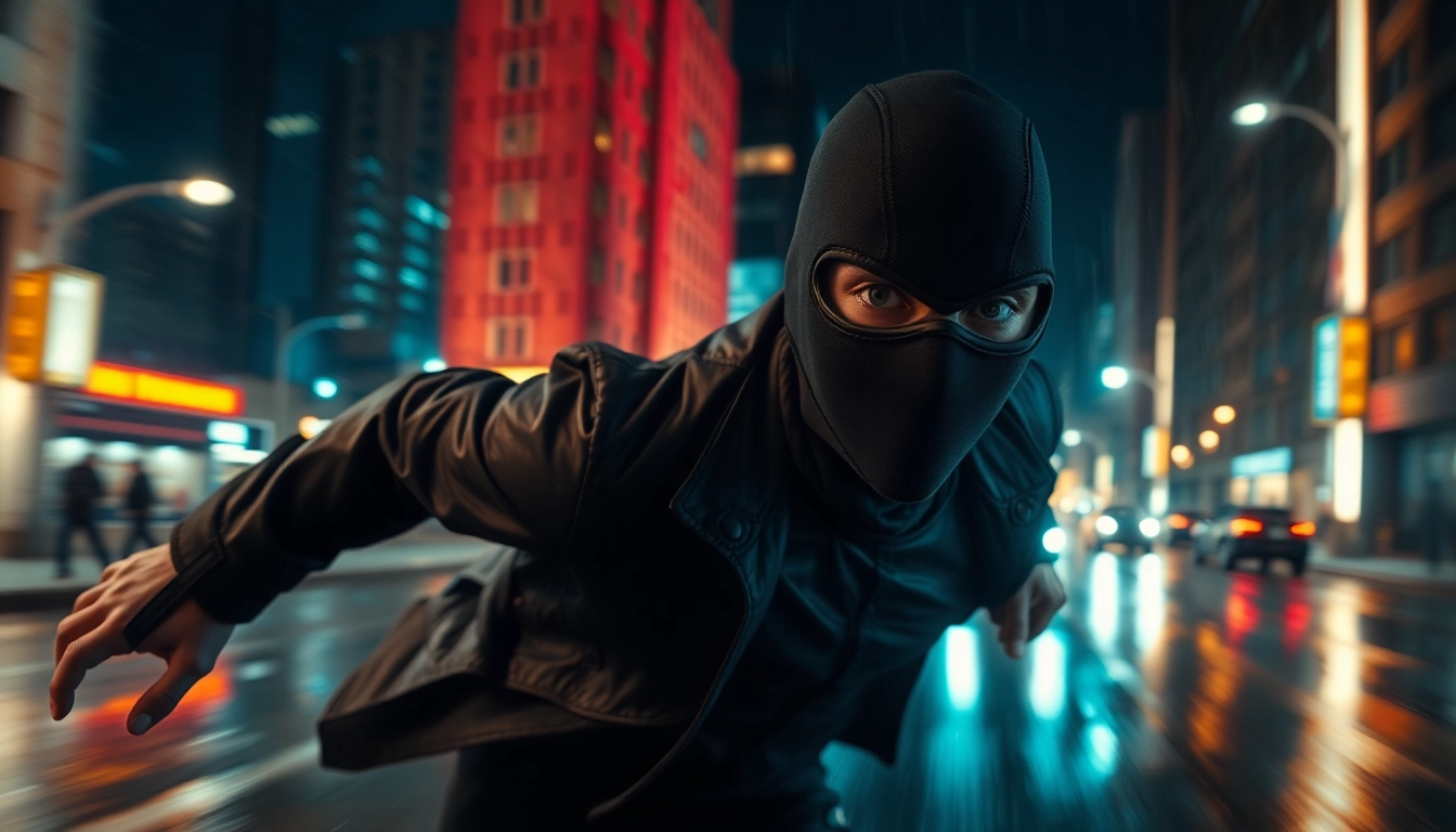 Masked character racing through rain-soaked streets in an action thriller chase scene.