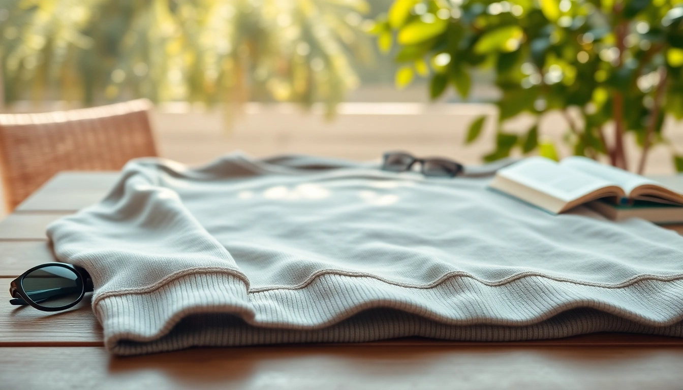 Model wearing a crew neck sweatshirt in a cozy outdoor setting, showcasing its stylish design and texture.