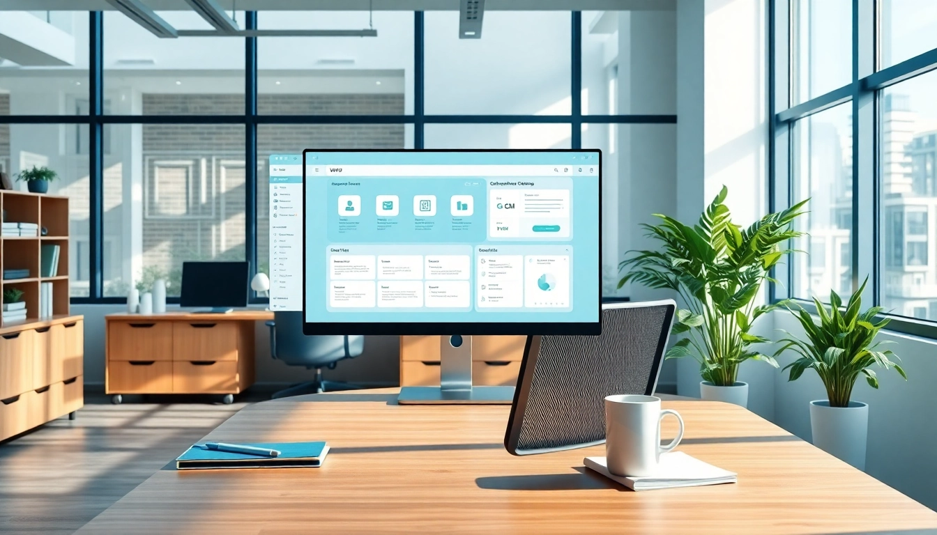 Modern office environment featuring WPS办公软件 on a sleek computer screen, illustrating collaborative tools and AI functionalities.