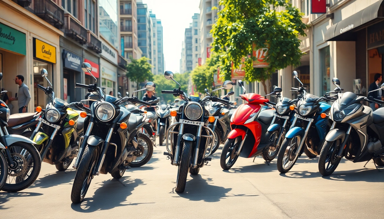 Explore a collection of Affordable street legal motorcycles showcased on a vibrant city street.