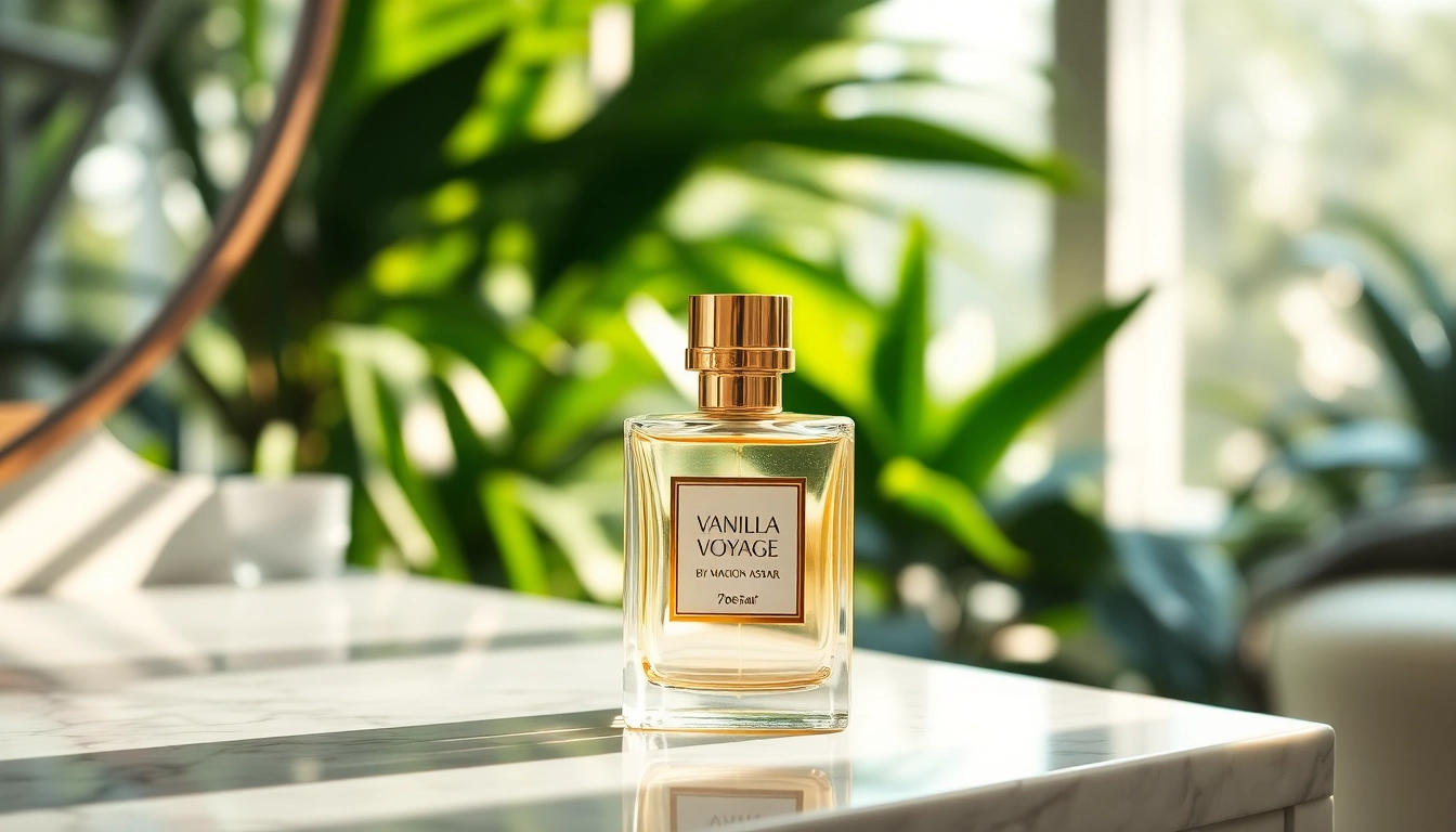 Ruikt heerlijk met Vanilla Voyage by Maison Asrar, luxe parfumfles op een marmeren tafel.