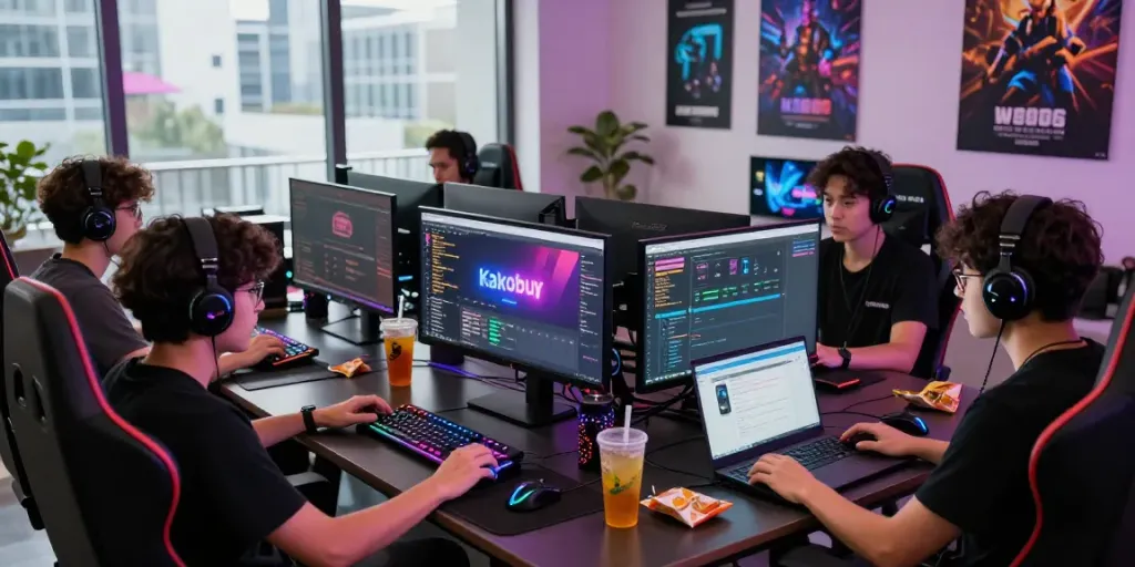 Kakobuy Discord collaboration scene with gamers interacting on multiple screens, vibrant gaming setup.