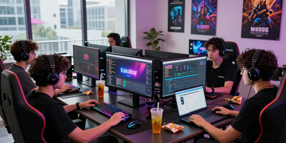 Kakobuy Discord collaboration scene with gamers interacting on multiple screens, vibrant gaming setup.