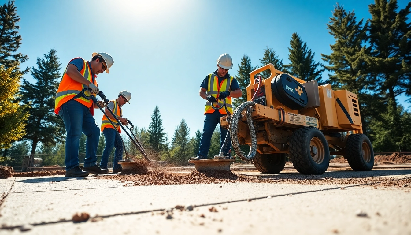 Workers conducting Mudjacking in Roseburg to stabilize a concrete slab.