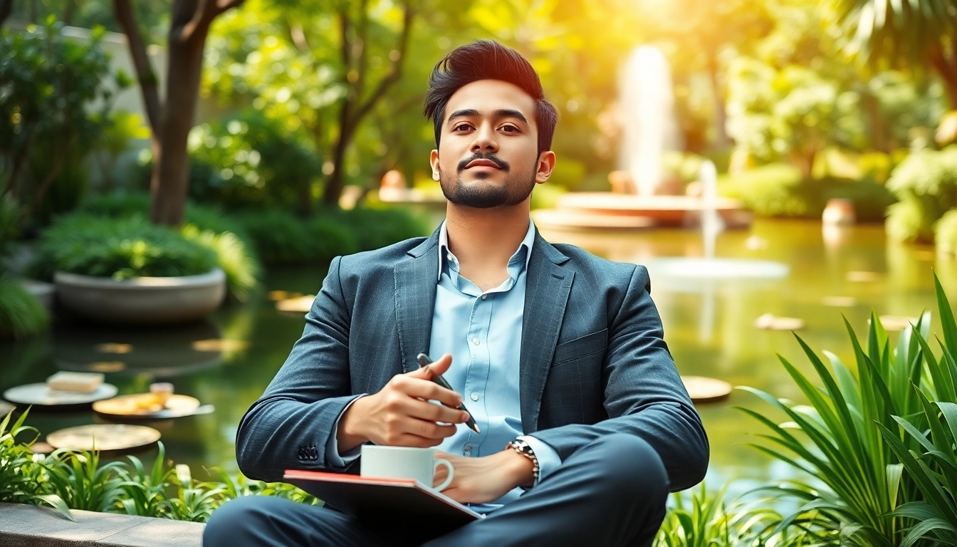 Entrepreneurs break at a serene outdoor setting promoting relaxation and productivity.