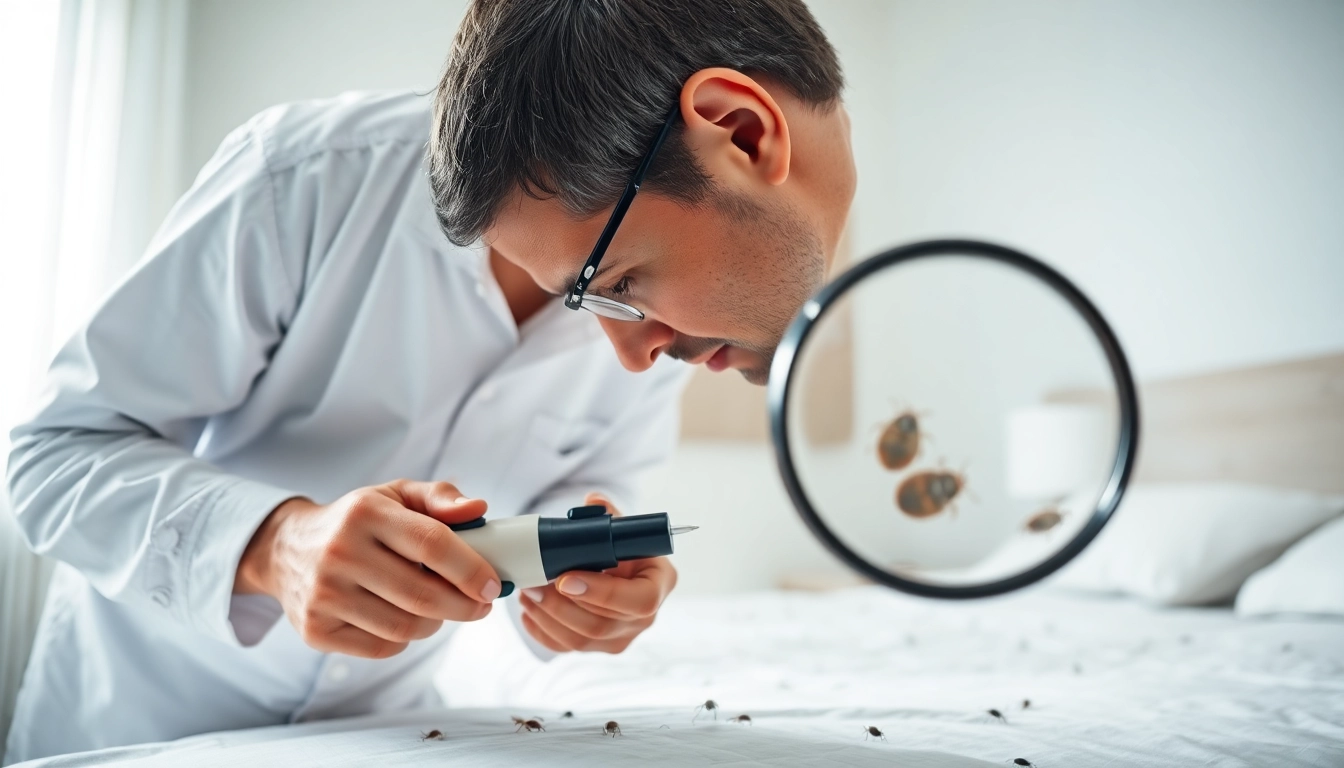 Efficient bed bug removal process in a bedroom with a pest control technician actively inspecting.