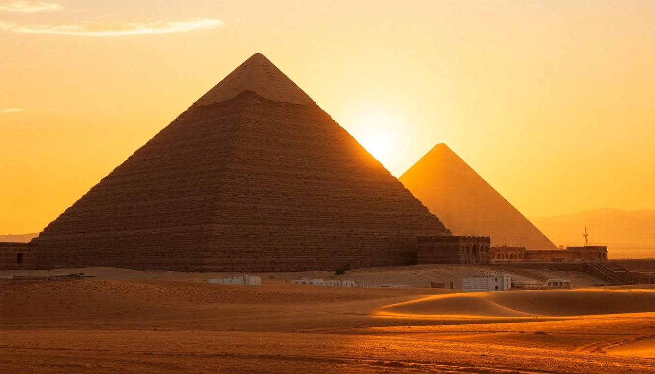 Capturing the majestic pyramids of Giza at sunset highlighting their grandeur and ancient history.