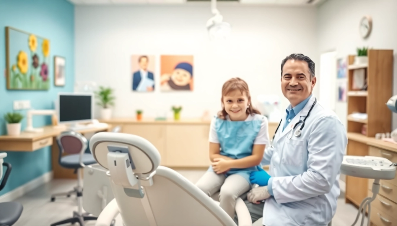 Family dentist Frankfort IL warmly engages with a child in a bright dental office.
