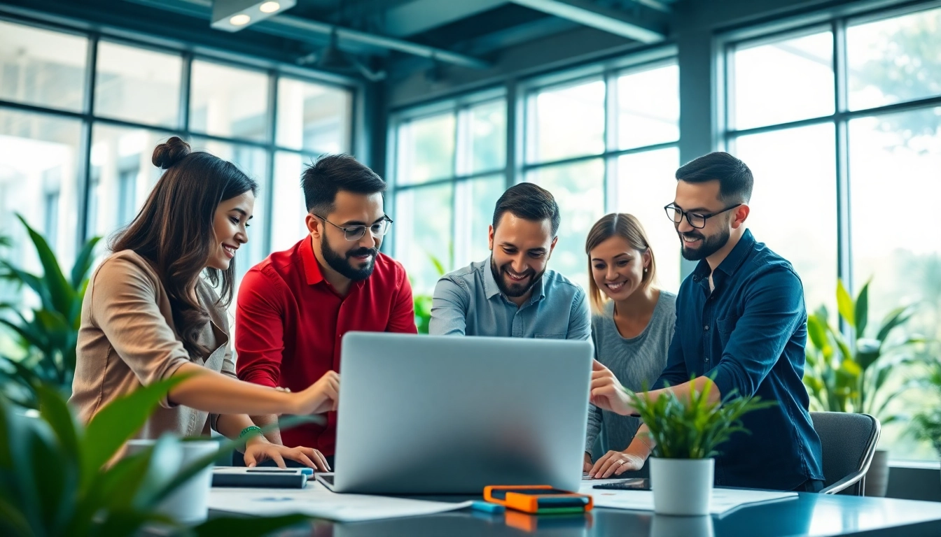 Web development company team collaborating on digital project in a modern office setting.