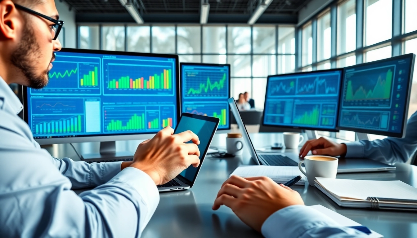 AI for competitive intelligence: Business professionals analyzing data charts in a modern office.