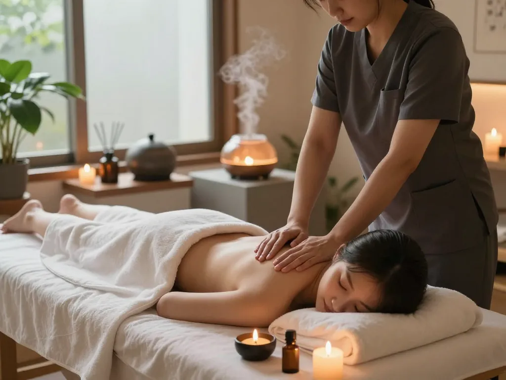 Relaxing 삼성동마사지 scene in a tranquil spa with soothing ambiance and therapist.