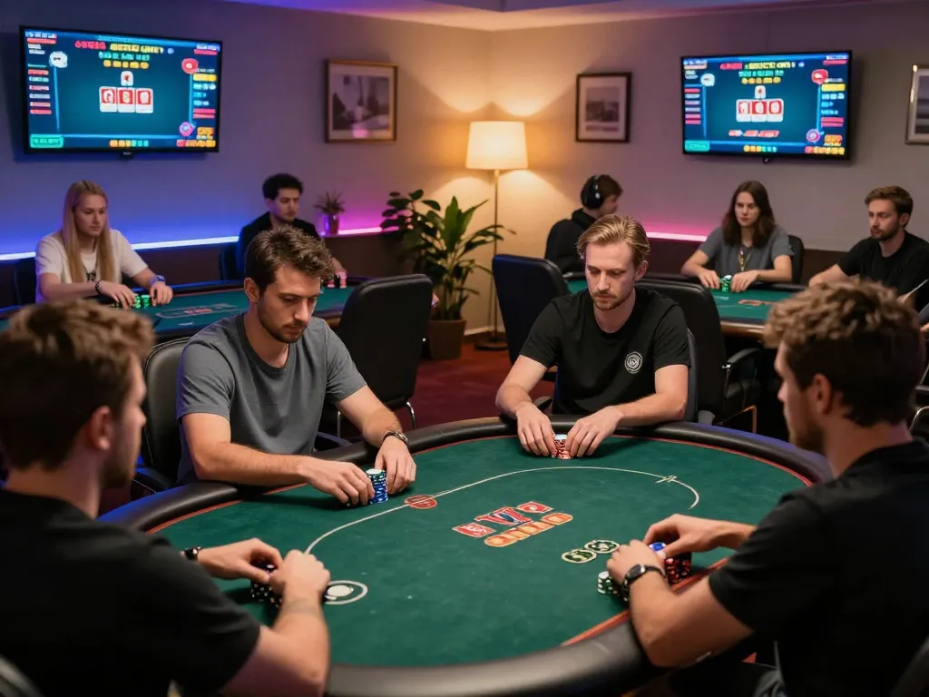 Players engaged in an online poker game using sunwin app on multiple devices, showcasing strategic gameplay.